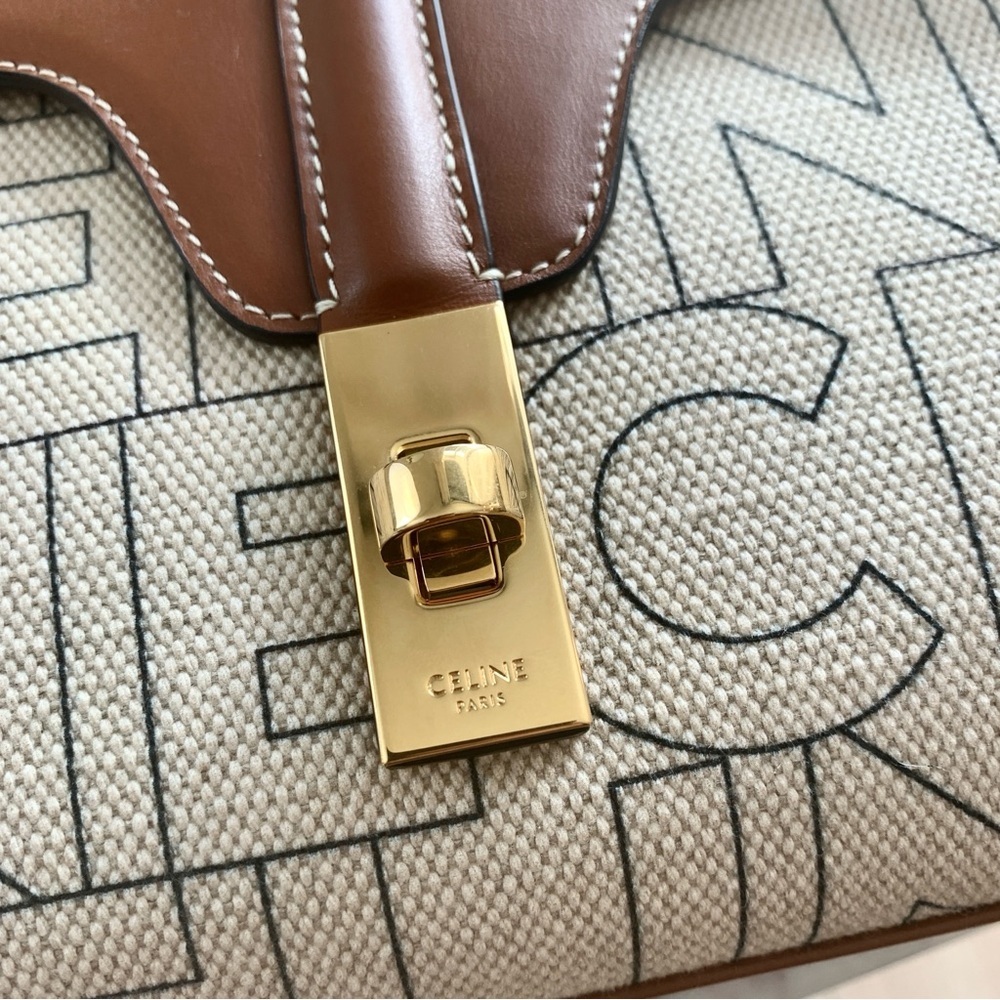 🌟 CELINE Teen Soft 16 Crossbody Bag in Textile Logo and Natural Tan Leather - Picture 3 of 16